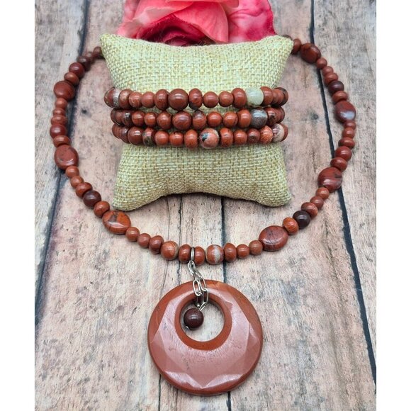 Artisan 2 Piece Set Red Jasper Natural Stone Pendant Necklace & Wrap Bracelet - Picture 1 of 11